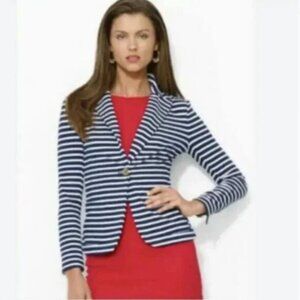NWT Lauren Ralph Lauren Women's Ponte Knit Stripe Blazer Navy Blue White Size PL